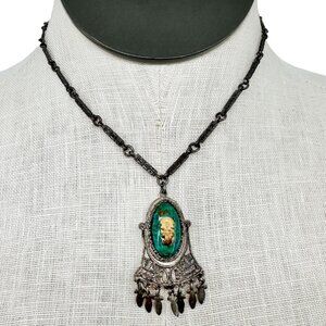 Vintage Sterling Silver 925 Necklace With Tribal Gold Mask Dangling Charms